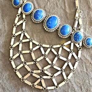 Lucky Brand Set Necklace & Bracelet Blue Stones Hammered Matte Silver Reversible